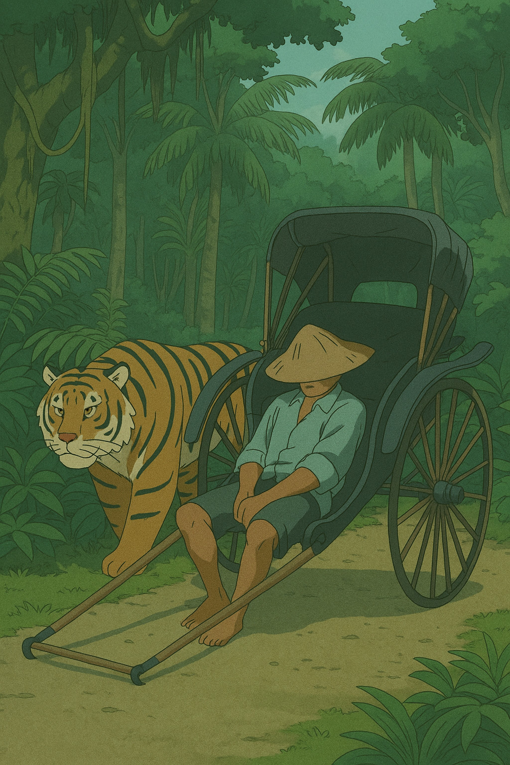 Rickshaw Puller and Tiger in Jungle